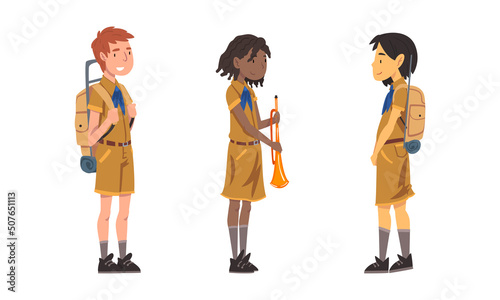 Scouting children set. Boys and girl in explorer outfit hiking with backpacks and trumpet cartoon vector illustration