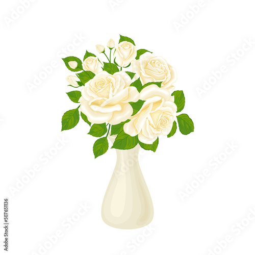 Bouquet of white rose flowers in a vase isolated. Vector floral illustration in cartoon flat style.