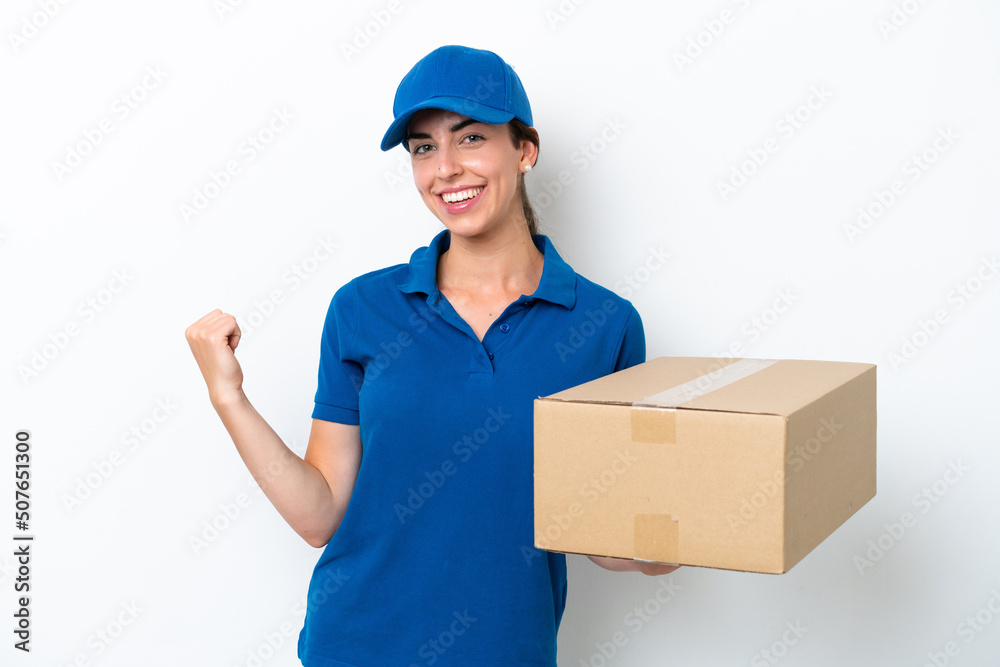 Delivery caucasian woman isolated on white background pointing back