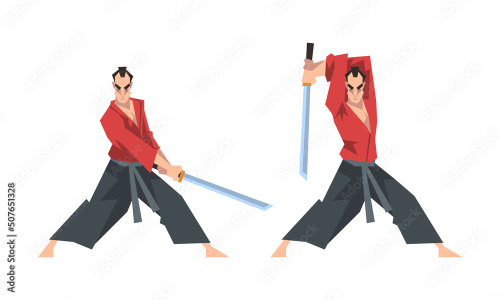 Fototapeta premium Samurai warriors fighting with katana swords cartoon vector illustration