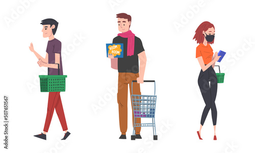 People shopping in supermarket set. Man and woman carrying basket and pushing cart with purchases cartoon vector illustration