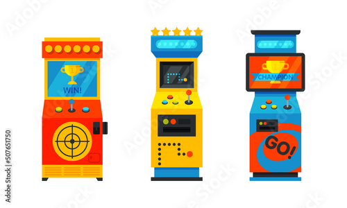 Arcade game machines set, gaming computer machinery cartoon vector illustration
