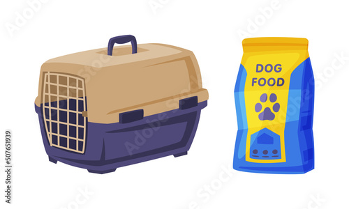 Plastic portable cage for pet animals and dog food packaging. Supplies for domestic animals set cartoon vector illustration