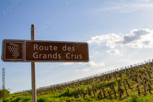 Nuits Saint Georges, France, April 15, 2022. Sign indicating the Route des Grands Crus in front of vineyards. T