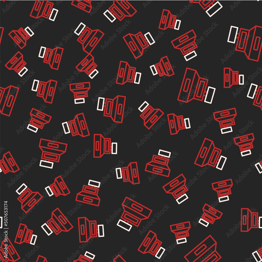 Line Cash register machine with a check icon isolated seamless pattern on black background. Cashier sign. Cashbox symbol. Vector Line Cash register machine with a check icon isolated seamless pattern on black background. Cashier sign. Cashbox symbol. Vector