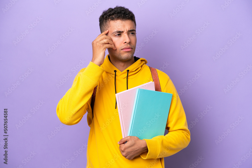 Young student Brazilian man isolated on purple background having doubts and thinking Young student Brazilian man isolated on purple background having doubts and thinking