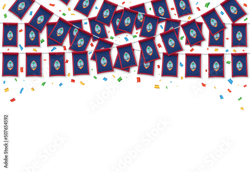 Guam flag garland white background with confetti, Hang bunting for independence Day celebration template banner, Vector illustration