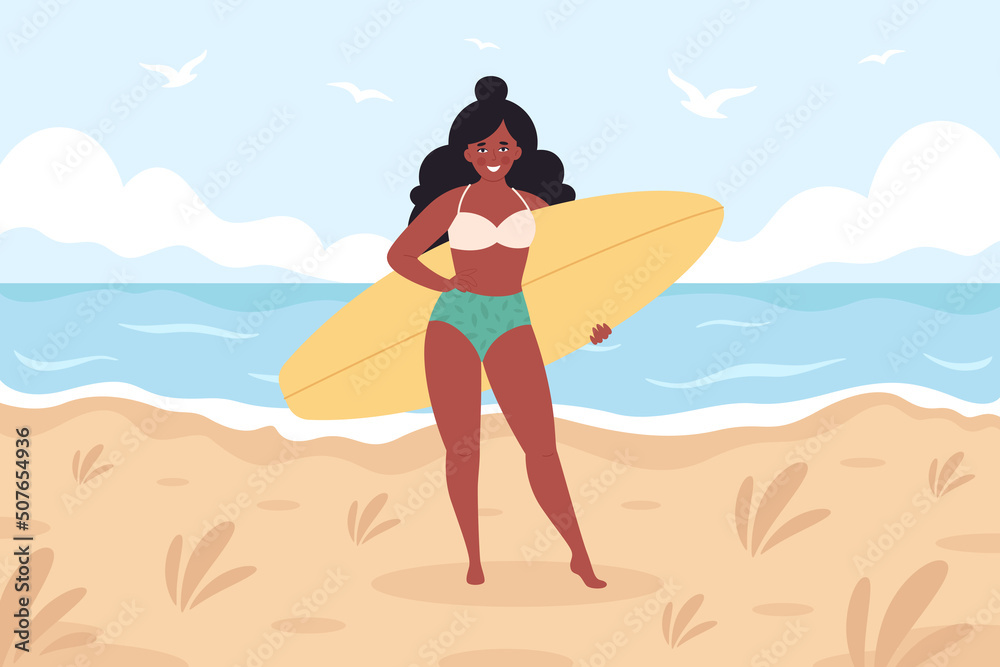 Black woman with surfboard on the beach. Summer activity, summertime, surfing. Hello summer. Summer Vacation. Hand drawn vector illustration