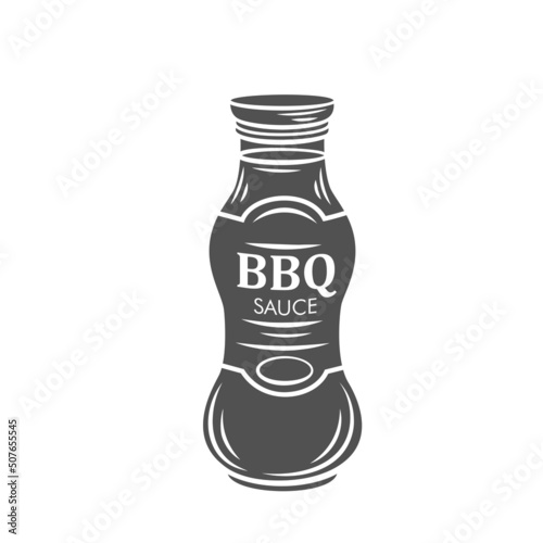 BBQ sauce in glass bottle, silhouette glyph icon, engraved monochrome illustration.