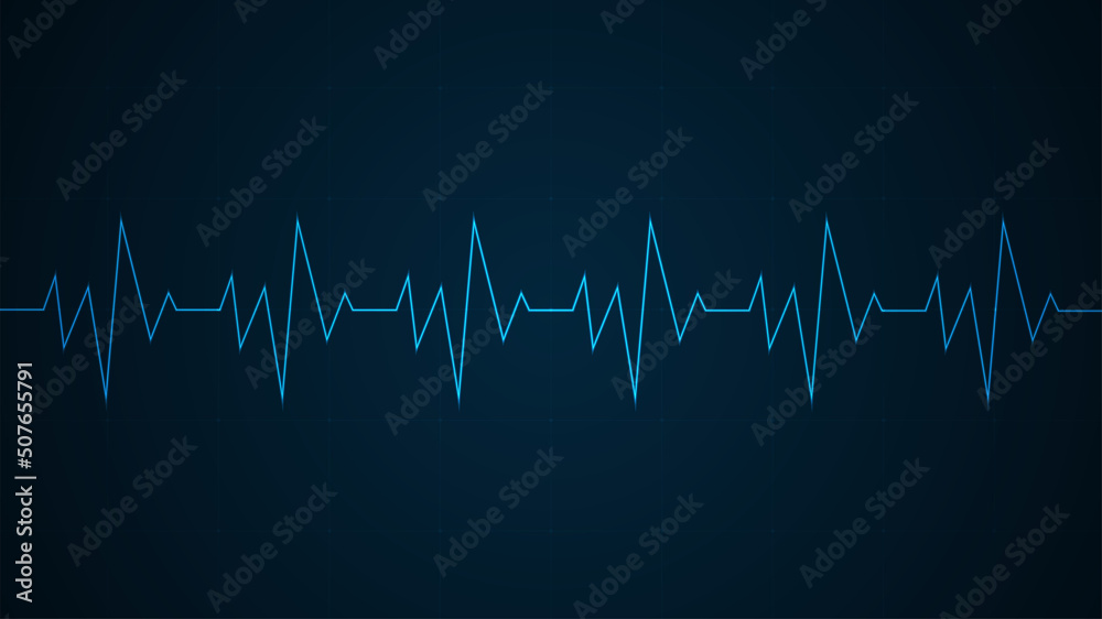 Blue glowing neon heart pulse. Heart beat