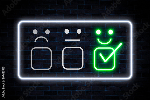 Rate score review for customer satisfaction neon banner with brick wall background, light signboard.