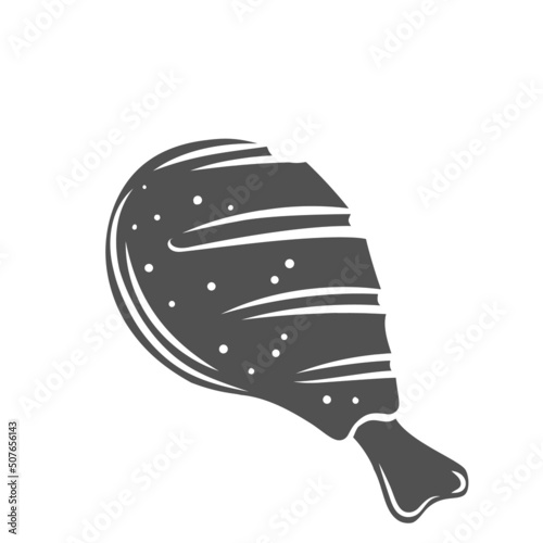 Grilled chicken drumstick silhouette glyph icon, engraved monochrome illustration. BBQ food icon.