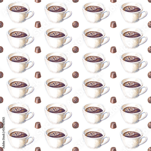 Seamless pattern with rows of coffee cups and chocolate candies painted with watercolor and isolated on white background