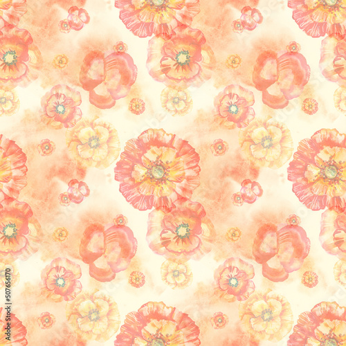 Seamless pattern with red and yellow poppies painted with watercolor