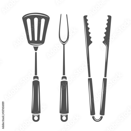 Barbecue tools silhouette glyph icon, engraved monochrome illustration. Tongs, carving fork, spatula for grilling.