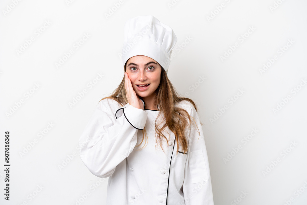 Young caucasian chef woman isolated on white background with surprise and shocked facial expression Young caucasian chef woman isolated on white background with surprise and shocked facial expression