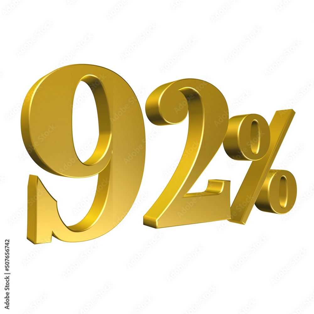 92 Percent Gold Number Ninety Two 3D Rendering 92 Percent Gold Number Ninety Two 3D Rendering