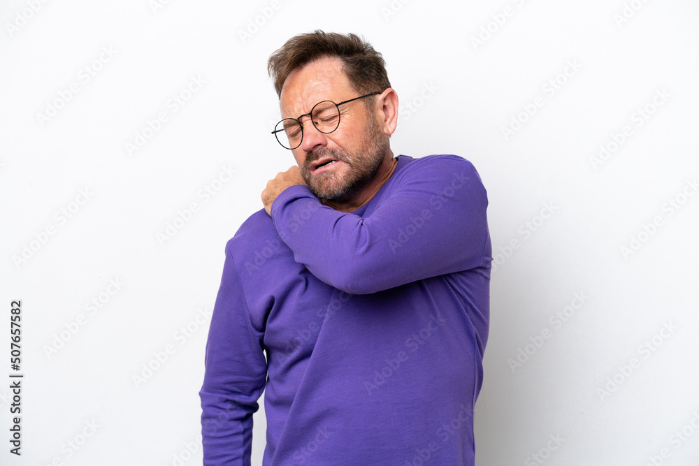 Middle age caucasian man isolated on white background suffering from pain in shoulder for having made an effort Middle age caucasian man isolated on white background suffering from pain in shoulder for having made an effort