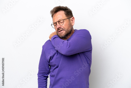 Middle age caucasian man isolated on white background suffering from pain in shoulder for having made an effort