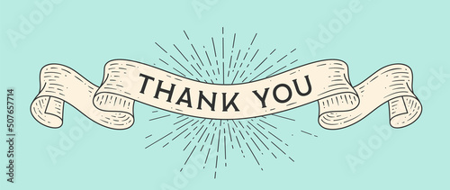 Thank You. Old school vintage ribbon, retro greeting card with ribbon, text Thank you. Old ribbon banner thank you in engraving style. Vintage ribbon for banner, poster, web. Vector Illustration