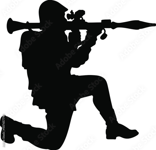 A veteran soldier shoots a bazooka or a grenade launcher at an enemy tank. A modern army. Vector silhouette of a brave warrior