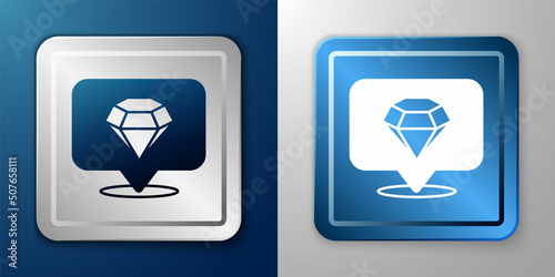White Diamond icon isolated on blue and grey background. Jewelry symbol. Gem stone. Silver and blue square button. Vector
