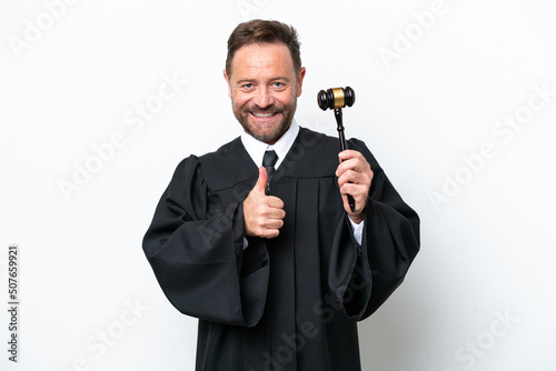 Middle age judge man isolated on white background giving a thumbs up gesture