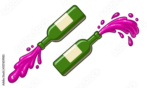 Cartoon red wine bottle pouring and splashing