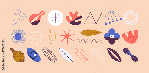 Collection of doodle objects. Abstract linear shape of flowers and sheets. Modern minimalistic plant and bud elements, flower shapes. Vector illustration