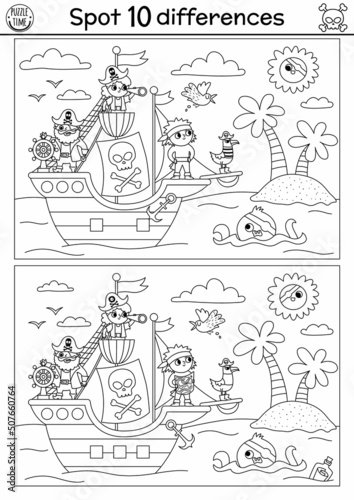Black and white find differences game for children. Sea adventures line educational activity with cute pirate ship, pirates, octopus. Treasure island printable worksheet, coloring page for kids.