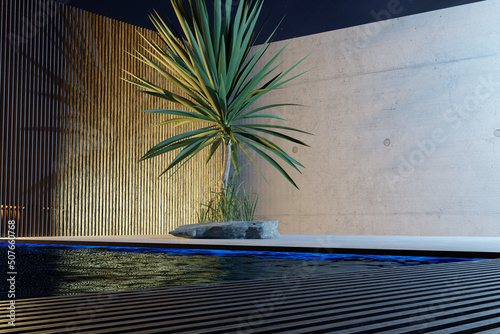 pool with clear water surrounded by concrete walls, a planken fence, a palm tree and a starry sky. concept of promotion of premium goods and products in the field of spa and beauty, 3d image photo