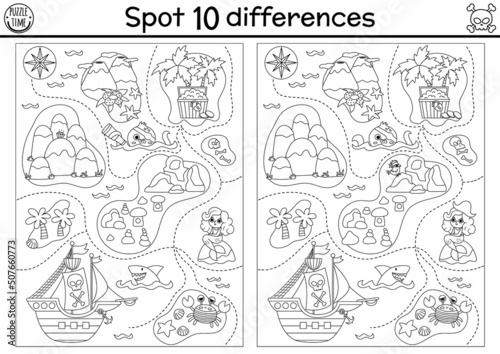 Black and white find differences game for children. Sea adventures line educational activity with cute pirate ship, treasure island map. Printable worksheet or coloring page with treasure chest.