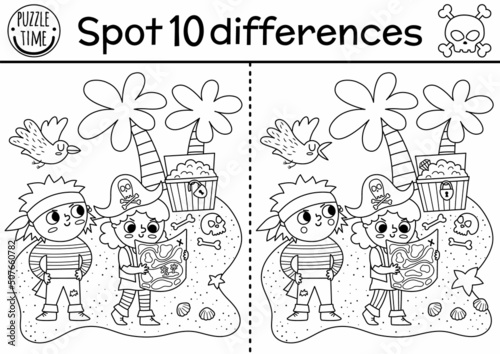 Black and white find differences game for children. Sea adventures line educational activity with cute pirates looking for treasure chest. Treasure island printable worksheet  coloring page for kids.