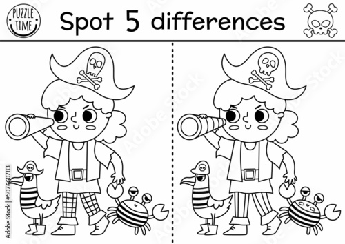 Black and white find differences game for children. Sea adventures line educational activity with cute pirate girl with seagull and crab. Treasure island printable worksheet, coloring page for kids.