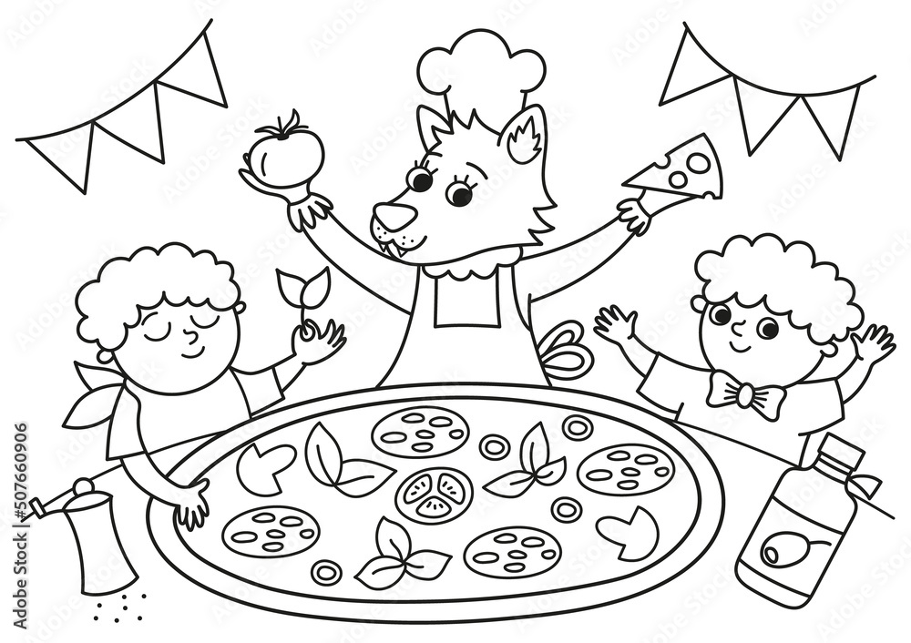 Black and white scene with cook wolf and two boys cooking pizza