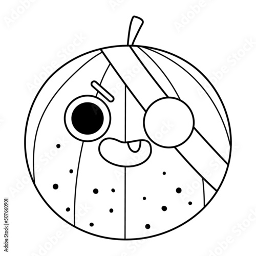 Vector black and white funny kawaii watermelon line icon or coloring page. Pirate fruit or berry illustration. Comic plant fruit with eyes, eye patch and mouth.