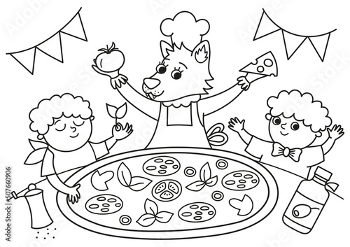 Black and white scene with cook wolf and two boys cooking pizza. Coloring page for Italian cuisine restaurant. Traditional Rome food and chef illustration. Funny contour drawing for kids.