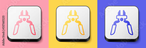 Isometric Pliers tool icon isolated on pink, yellow and blue background. Pliers work industry mechanical plumbing tool. Square button. Vector