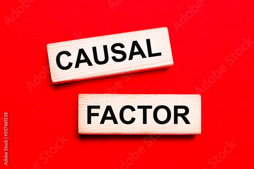 On a bright red background, there are two light wooden blocks with the text CAUSAL FACTOR