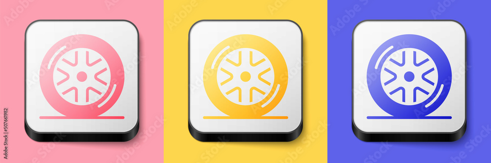 Isometric Car wheel icon isolated on pink, yellow and blue background. Square button. Vector Isometric Car wheel icon isolated on pink, yellow and blue background. Square button. Vector