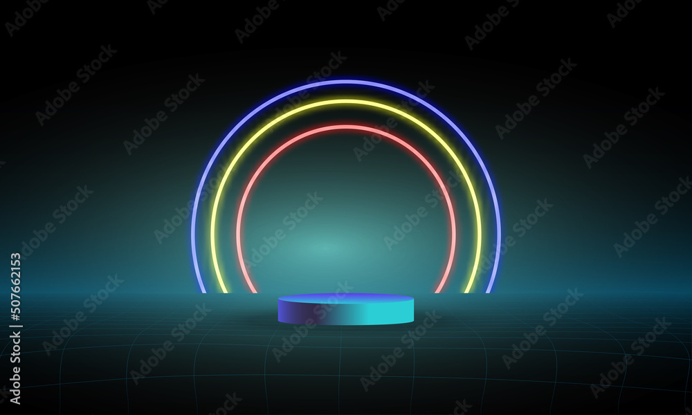 Product podium Space and neon designs on a checkerboard background. Product podium Space and neon designs on a checkerboard background.
