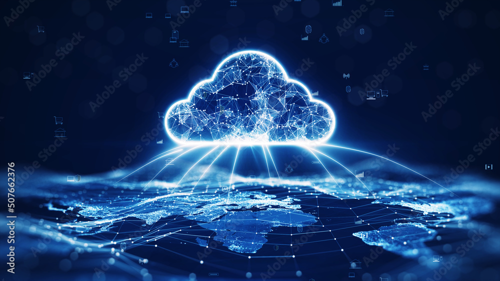 data transfer cloud computing technology concept. There is a large prominent cloud icon in the center with internal connections. and small icon on abstract world map polygon with dark blue background. - obrazy, fototapety, plakaty 