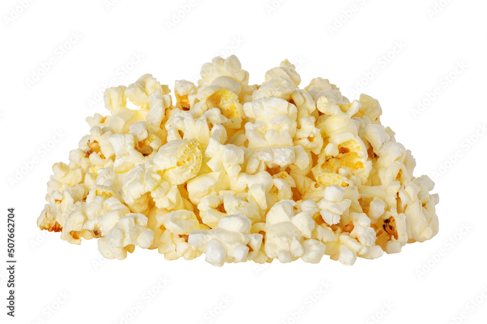 Pile of popcorn isolated on white background.