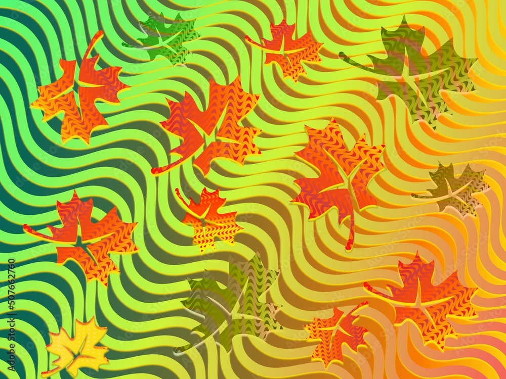 Autumn Maple Leaves On Gradient Green - Orange Waved Background. Motion Effect Of Changing Season. Canadian National Symbol. Canvas Movement Illusion