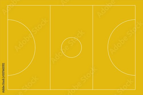 Recreational sport of Netball court in United Kingdom looking at an empty yellow vector court with white lines.