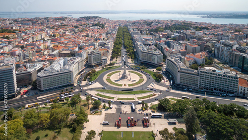 Aerial view of Marques de Pombal square and Liberdade Avenue during summer in Lisbon, Portugal. photo