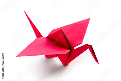 Red paper crane origami isolated on a white background photo