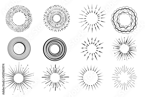 Hand drawn set of sunburst shine ray and sparkle. Circle burst of sun, star. 