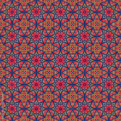 Indian boho summer bandana seamless symmetrical pattern. Versatile masculine red blue scarf print in kaleidoscopic floral ornamental style.