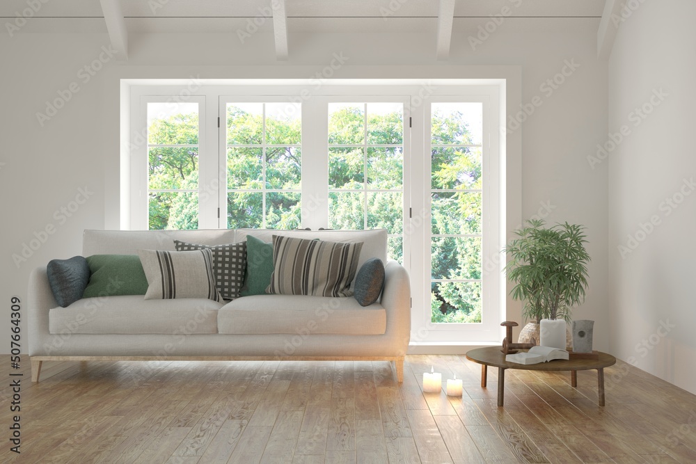 Minimalist living room in white color with sofa and summer landscape in window. Scandinavian interior design. 3D illustration